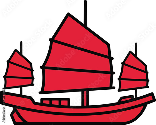 Red Chinese junk sailboat illustration isolated on white, traditional nautical transport icon