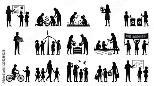 Set of environmental sustainability icons with people teaching children about ecology and nature.