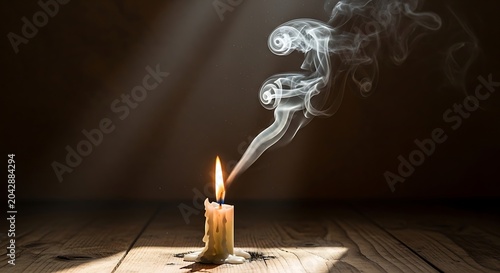 Candle with smoke on a wooden table