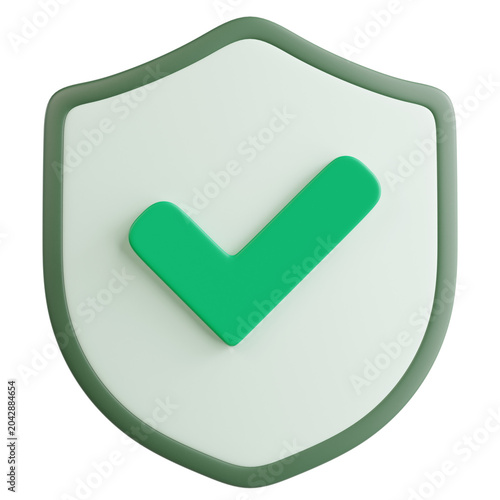 3D success authentication shield with green check mark confirming secure access verification, in soft minimalist color render isolated on a transparent background for UI cybersecurity web app.