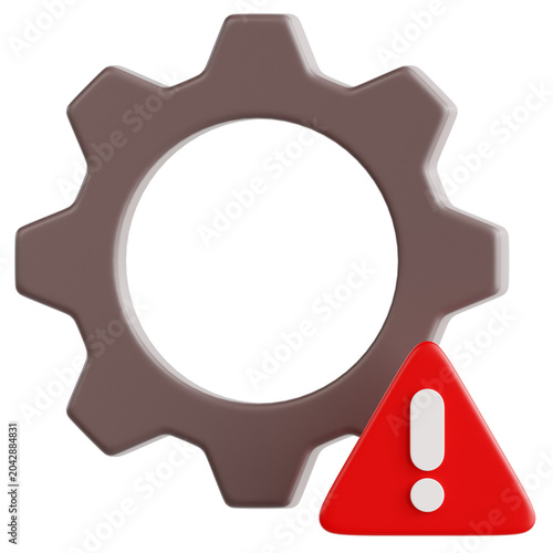 Grey gear and red warning triangle indicating a system settings error. Clean 3D rendered minimalist icon for digital dashboards, perfect for technical support and UI UX design.