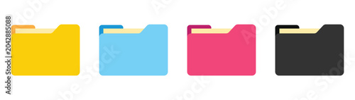 Set of file icon folder computer file colourful document binder. collection of open and closed folders. yellow blue black flat vector symbol for website design. vector illustration
