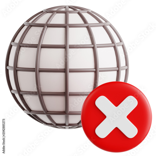 Wireframe globe sphere with a red cross mark badge displaying network error status rendered in smooth 3D illustration style on transparent background for UI design, representing internet disconnec