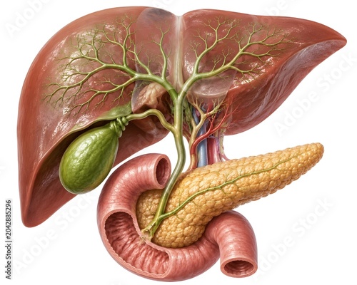 Human gallbladder and biliary tree system featuring realistic hepatobiliary structures, liver, bile ducts, pancreas, and duodenum, Clean white background.