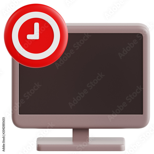 Konstfotografi Computer monitor with red clock icon showing system idle or standby status in smooth 3D illustration style on transparent background for UI design, representing inactivity and screen timeout