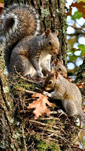 Two squirrels interacting on tree branch.