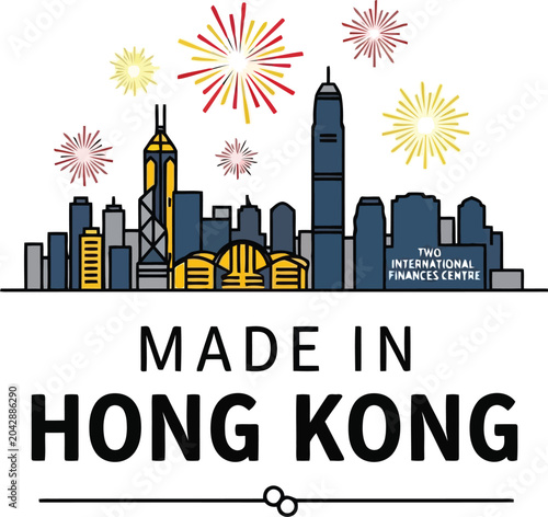 Photography Made in Hong Kong skyline with fireworks, vector city illustration for travel, c