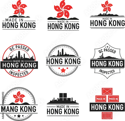 Photography Hong Kong stamp and badge logo collection in red, black and white vintage style