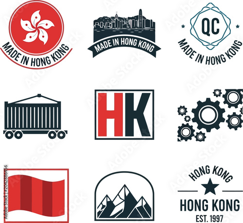 Canvas Print Made in Hong Kong Label and Icon Set with City Skyline, Flag, and Manufacturing