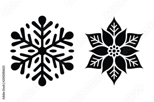 Canvastavla Winter snowflake and poinsettia flower silhouette icons with snowflake, poinsett