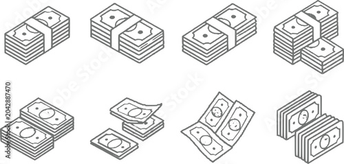 Quadro su tela A collection of isometric line featuring stacks and bundles of paper money, repr