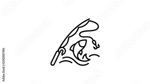 Foto Minimalist Line Art of a Fish Jumping from Water with Fishing Rod
