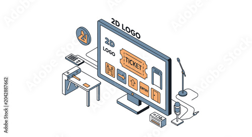 Foto An isometric digital interface showing a virtual ticketing system on a computer