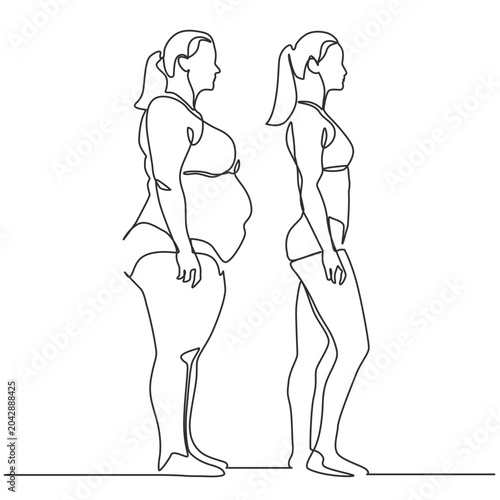 Woman Weight Loss Before and After Body Transformation Continuous Line Art Vector Illustration