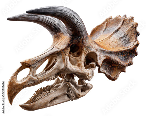 Triceratops Skull: A detailed fossil of a Triceratops skull showcases its iconic bony frill and three prominent horns.