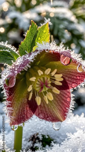 Frosty hellebore flower in winter garden.