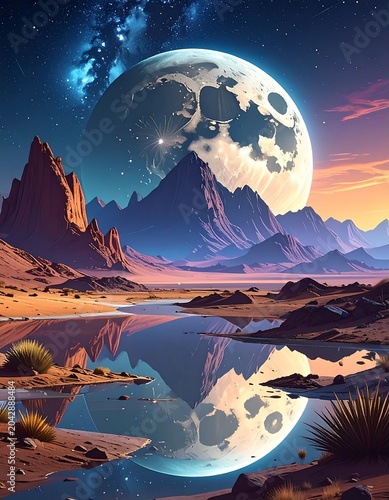 Stunning cosmic landscape with mountains and a giant moon reflecting in water