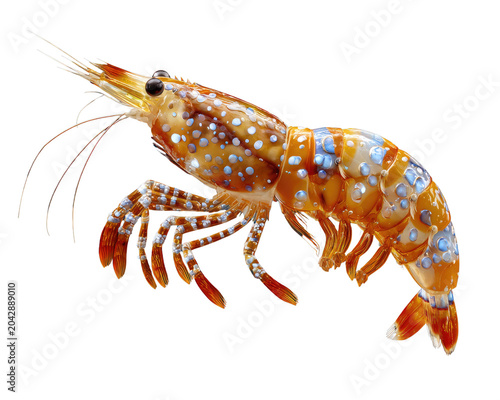 Spotted Shrimp Detail: A close-up of a vibrant shrimp showcases its intricate spotted pattern and delicate antennae against a clean backdrop, highlighting its aquatic beauty.