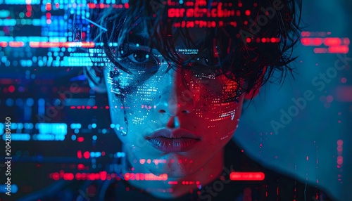 Retrato de mujer con luces digitales azules y rojas sobre el rostro en concepto de tecnología y ciberseguridad