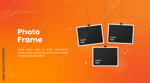 Realistic three photo frame set hanging on a clip with orange background