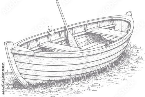 Bilde på lerret Vintage wooden rowboat with oar resting on grassy shoreline