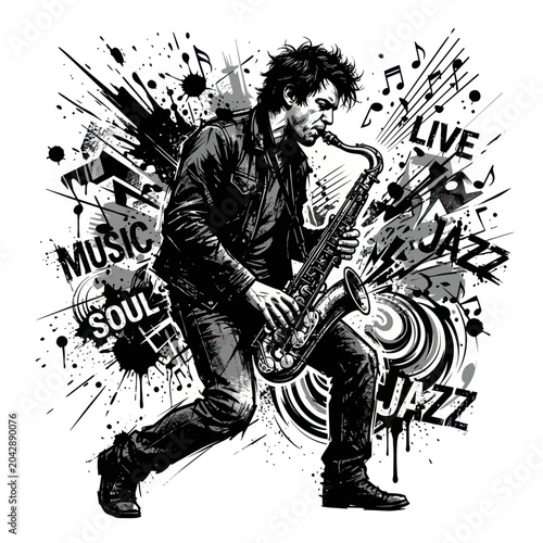 Canvas Print Man playing saxophone with abstract music and jazz elements, black and white ill