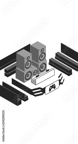 An isometric illustration of a modern home entertainment audio and gaming setup