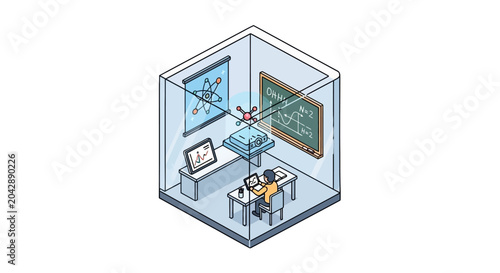 A student studies science in a modern isometric classroom setting