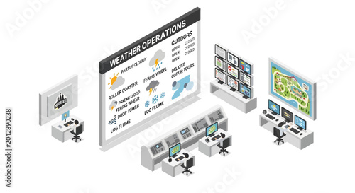 An isometric view of a modern control room monitoring weather and park operations