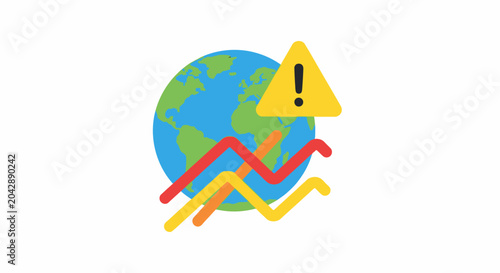 A graphic illustration showing a global warning sign with financial data trends
