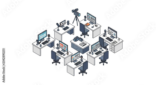 An isometric illustration of a modern professional office workspace setup