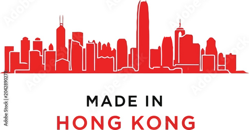 Photography Made in Hong Kong red skyline label with city silhouette and modern typography