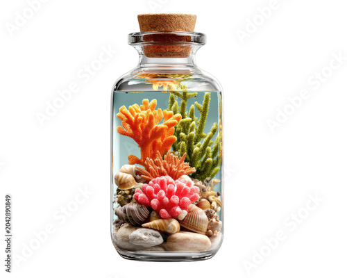 Ocean in a Bottle: A miniature underwater world contained within a glass bottle, featuring vibrant coral, seashells, and pebbles, offering a glimpse of the ocean's beauty in a confined space.
