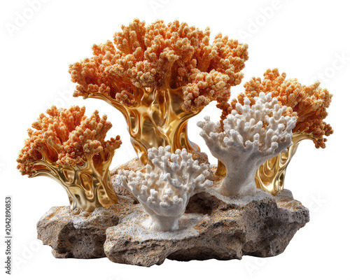 Ornate Coral Arrangement: A striking decorative arrangement featuring vibrant orange and white coral formations perched atop weathered rocks, evoking the beauty of an underwater reef.