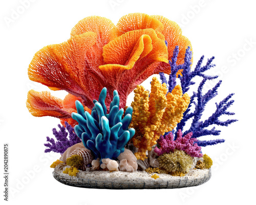 Vibrant Coral Reef Display: A colorful and intricate arrangement of artificial coral in shades of orange, blue, and purple, mimicking a lively underwater ecosystem.