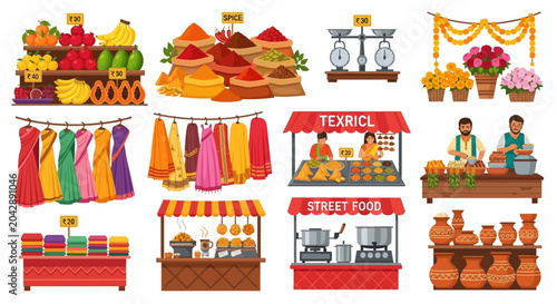 Colorful market food and clothing stalls.