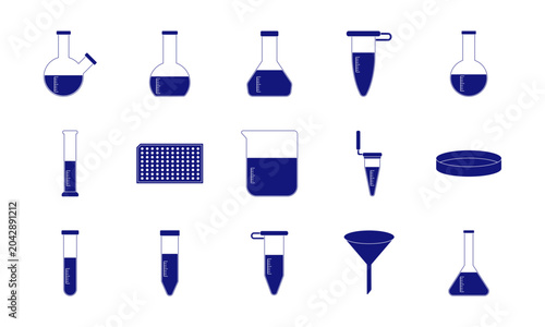 laboratory glassware and equipment icons set in blue silhouette illustration