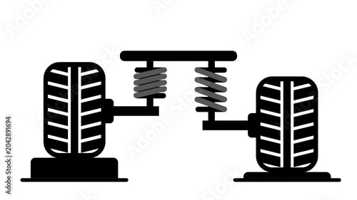 Two coil springs with two car tires arranged symmetrically, depicting a dual automotive suspension and wheel assembly for vehicle chassis