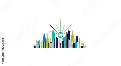 A stylized vector illustration of a modern city skyline with a rising sun