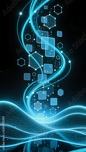 Abstract futuristic digital wave background with glowing neon blue lines, cyber network particles, geometric shapes and data flow technology concept for commercial design