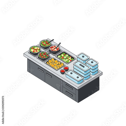 An isometric view of a professional food service buffet station with fresh salads
