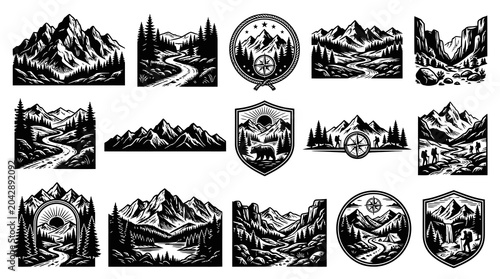 Black  White Line Art Mountain Landscapes  Outdoor Adventure Vector Illustrations - Hiking, Camping, Nature