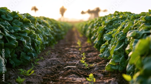 Rows of lush green vegetable crops growing in fertile soil at sunrise in  large farm field