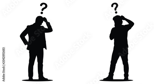 Tableau sur toile two people thinking with question marks silhouette black white background confus