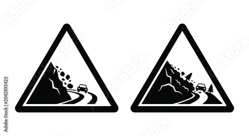 Obraz na płótnie triangle road warning signs silhouette landslide rockfall hazard black white vec