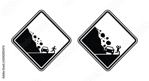 Fotografi landslide and hazard warning signs silhouette black white road danger caution ac