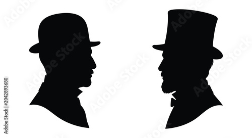 Tableau sur toile two men in formal attire silhouette bowler hat top beard bow tie profile black w