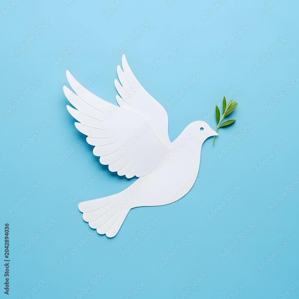 Fototapeta premium Clean white paper dove carrying green olive branch on a bright blue background International Peace Day