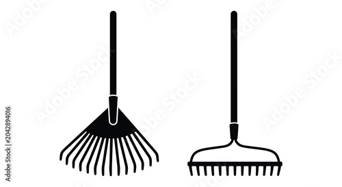 Fotografie two garden rakes shown as black silhouettes on white background rake gardening t