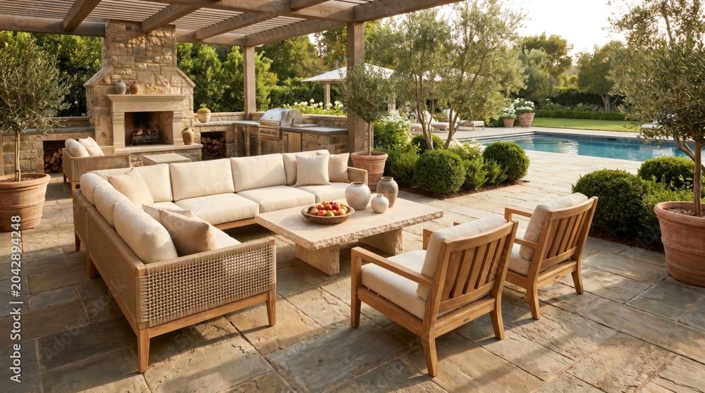 Fototapeta premium Outdoor patio with wooden furniture set near a pool, surrounded by lush greenery and stone decor